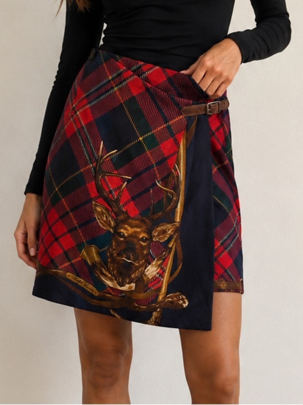 Vintage 80s Ralph Lauren Tartan Plaid Deer Print Wrap Skirt